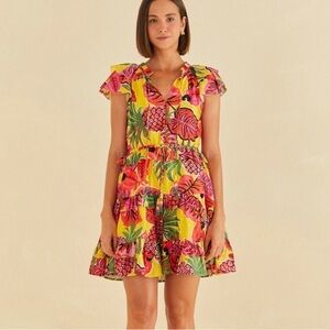 Farm Rio Dress Mini Fruit Dream Ruffle Tropical Print Casual Yellow & Pink Small